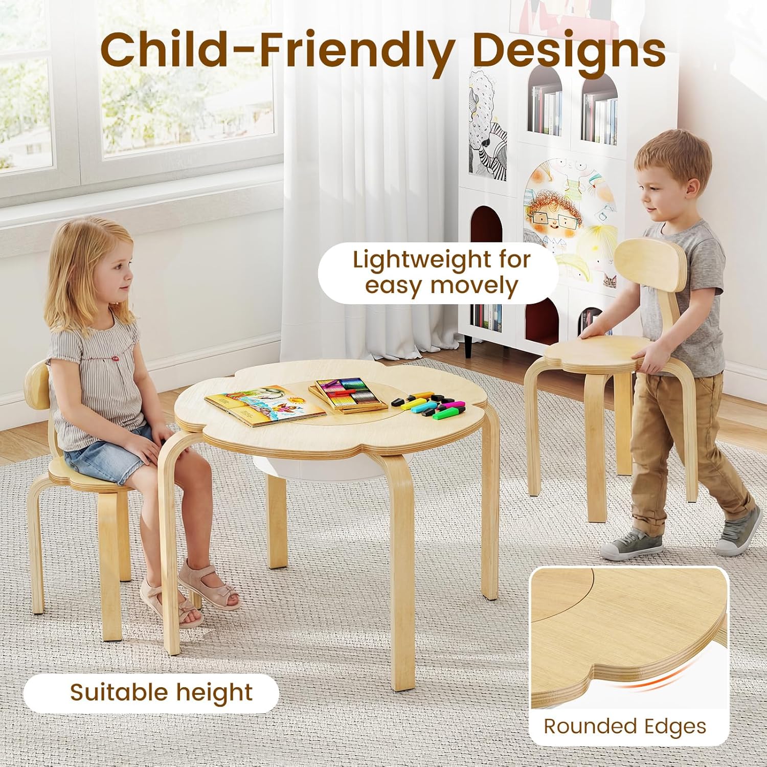 OLAKIDS Wooden Kids Table and Chair Set with Storage Basket 3-Piece Toddler Activity Furniture