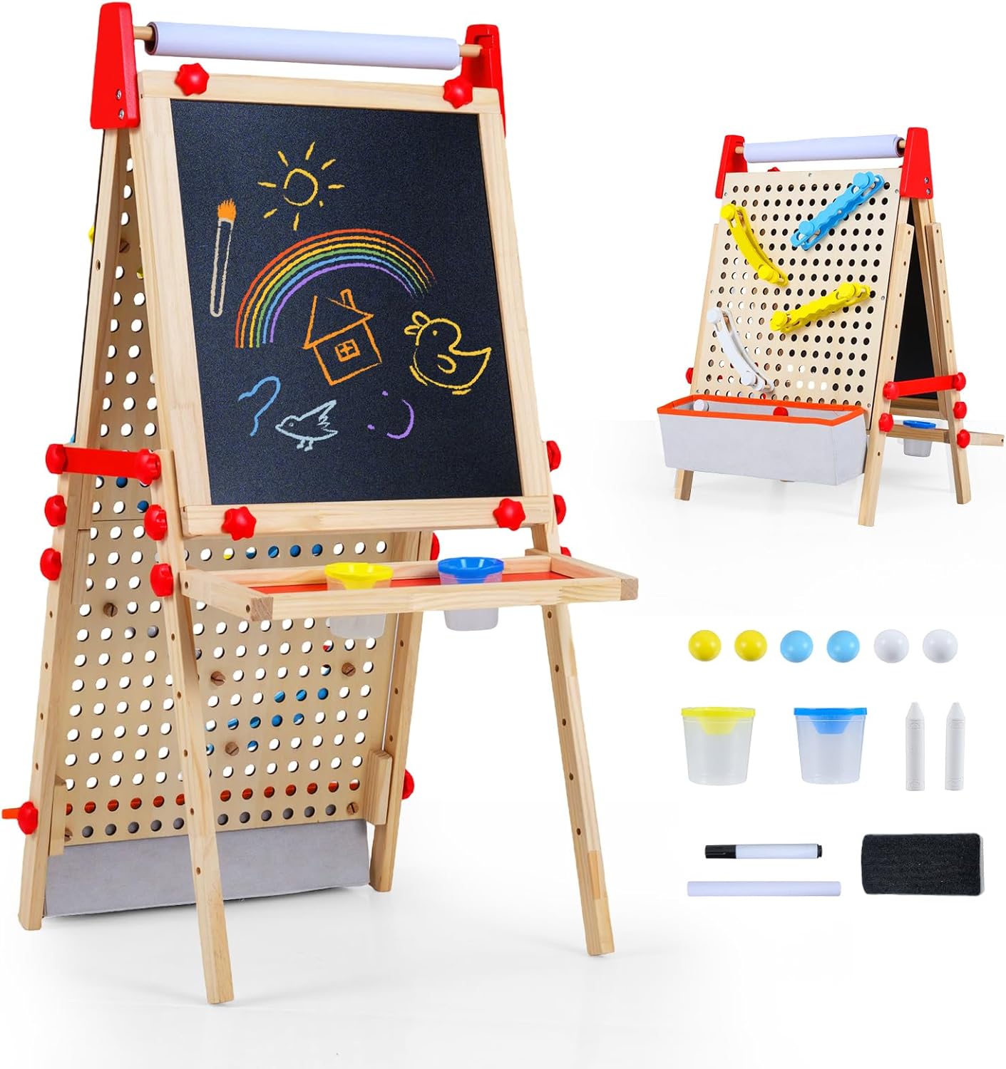 OLAKIDS 4 in 1 Easel for Kids with Marble Run, Magnetic Whiteboard, Chalkboard, Drawing Paper Roll, 6-Level Adjustable Height for Toddlers Ages 3-10