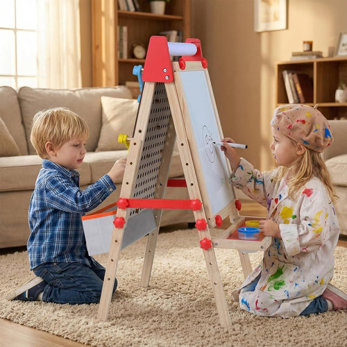 OLAKIDS 4 in 1 Kids Easel: Marble Run, Magnetic Whiteboard, Chalkboard, 6-Level Adjustable Height for Toddlers 3-10