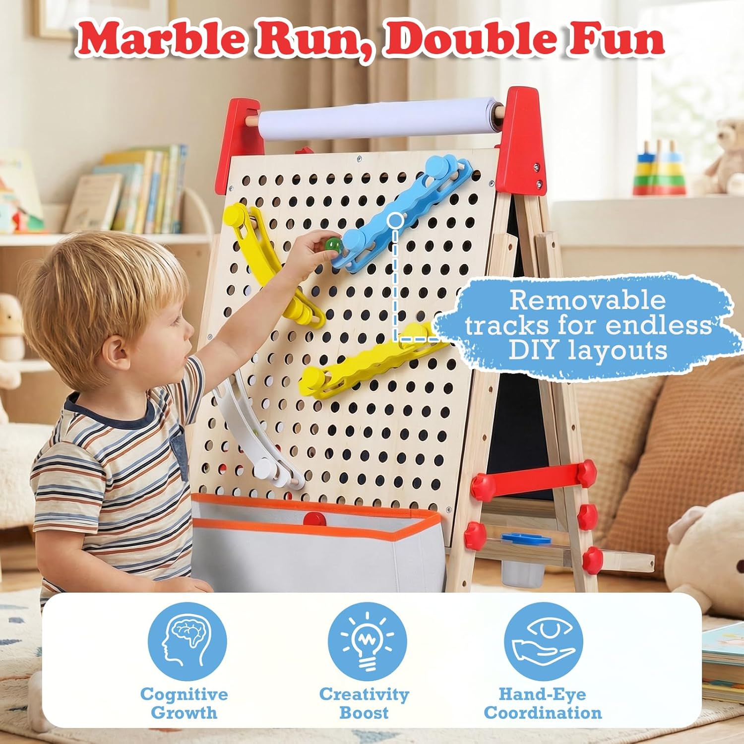 OLAKIDS 4 in 1 Kids Easel: Marble Run, Magnetic Whiteboard, Chalkboard, 6-Level Adjustable Height for Toddlers 3-10