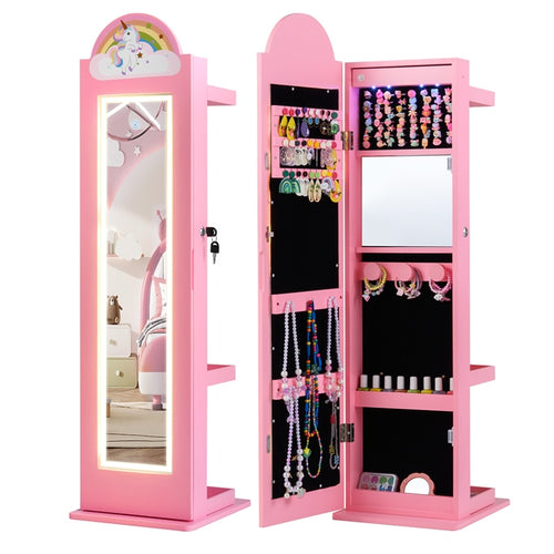 OLAKIDS Kids Jewelry Armoire Cabinet, 360° Swivel Lockable Standing Makeup Organizer