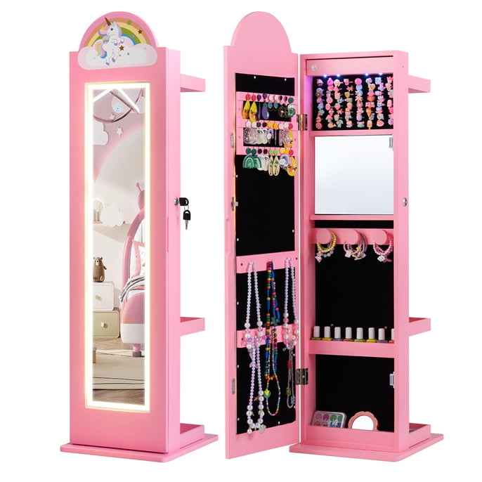 OLAKIDS Kids Jewelry Armoire Cabinet, 360° Swivel Lockable Standing Makeup Organizer