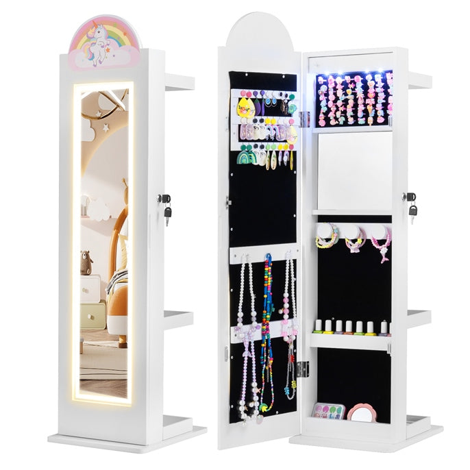 OLAKIDS Kids Jewelry Armoire Cabinet, 360° Swivel Lockable Standing Makeup Organizer