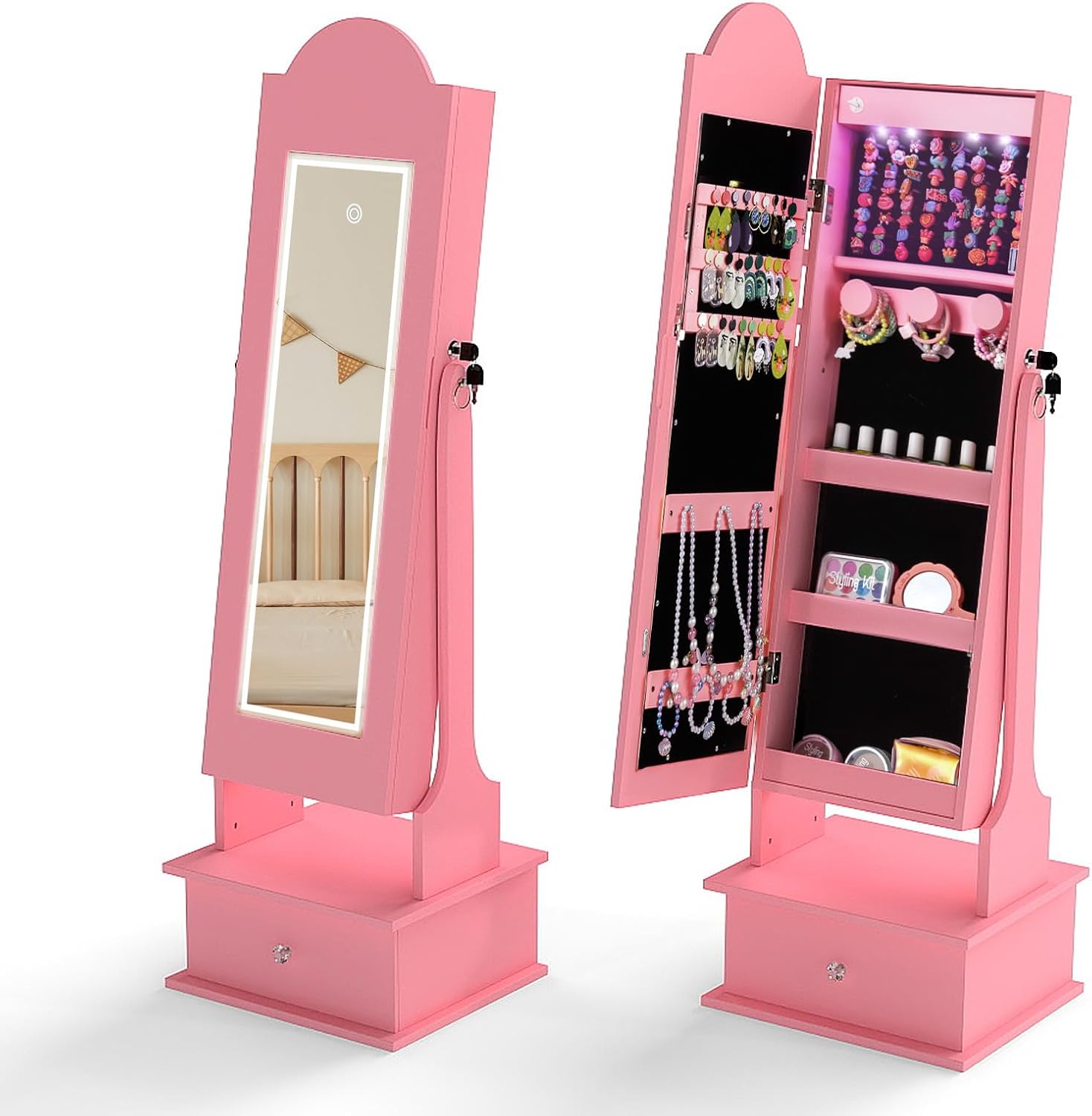 OLAKIDS Kids Jewelry Armoire Cabinet with LED Lights Unicorn Theme Children Vanity Dress Up Storage Rack for Girls