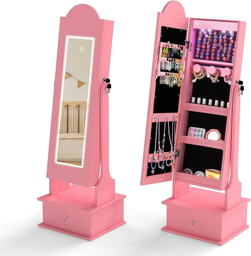 OLAKIDS Kids Jewelry Armoire Cabinet with LED Lights Unicorn Theme Children Vanity Dress Up Storage Rack for Girls