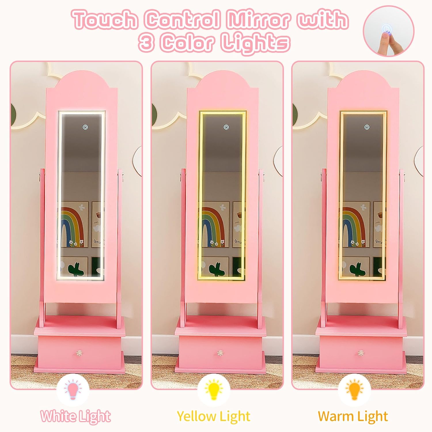 OLAKIDS Kids Jewelry Armoire Cabinet with LED Lights Unicorn Theme Children Vanity Dress Up Storage Rack for Girls