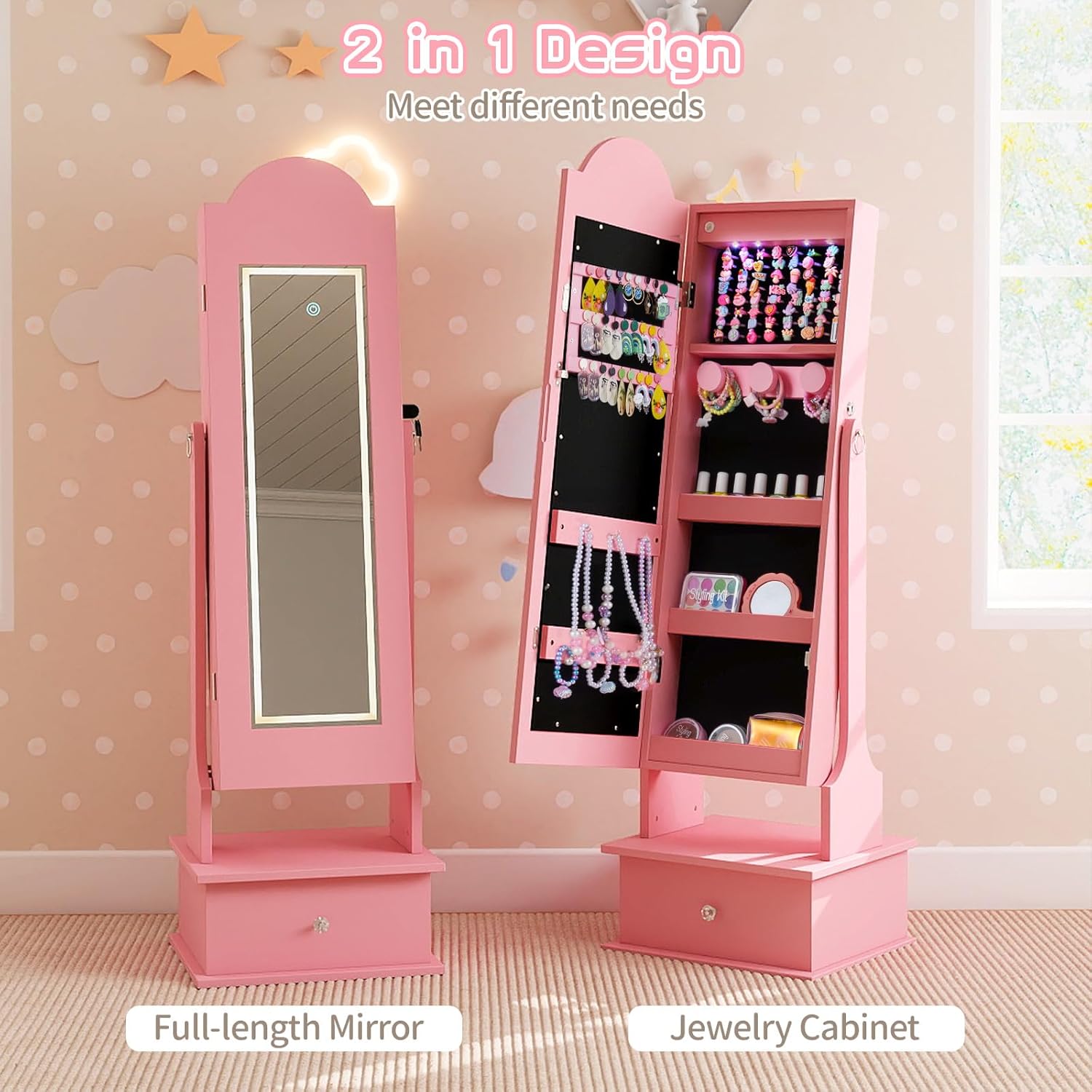 OLAKIDS Kids Jewelry Armoire Cabinet with LED Lights Unicorn Theme Children Vanity Dress Up Storage Rack for Girls