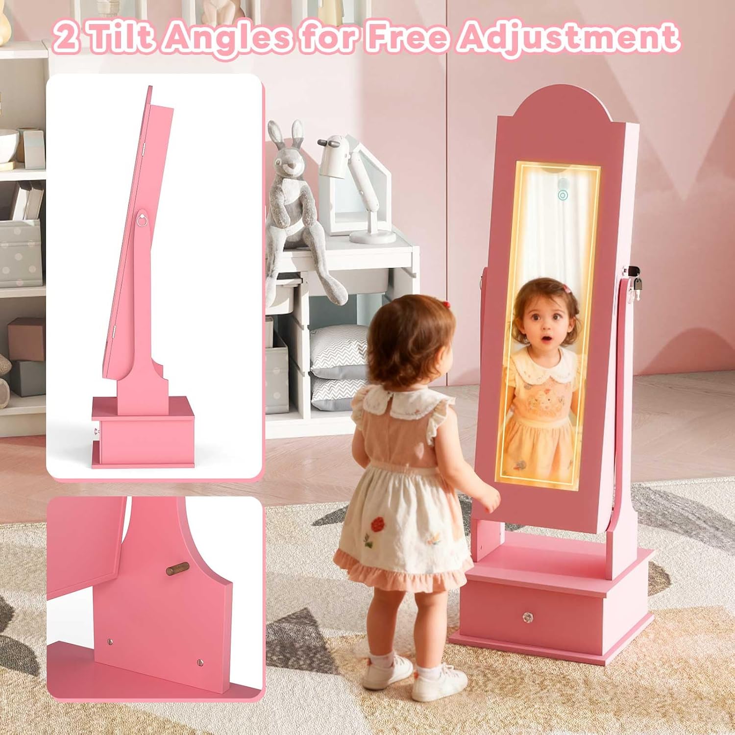 OLAKIDS Kids Jewelry Armoire Cabinet with LED Lights Unicorn Theme Children Vanity Dress Up Storage Rack for Girls