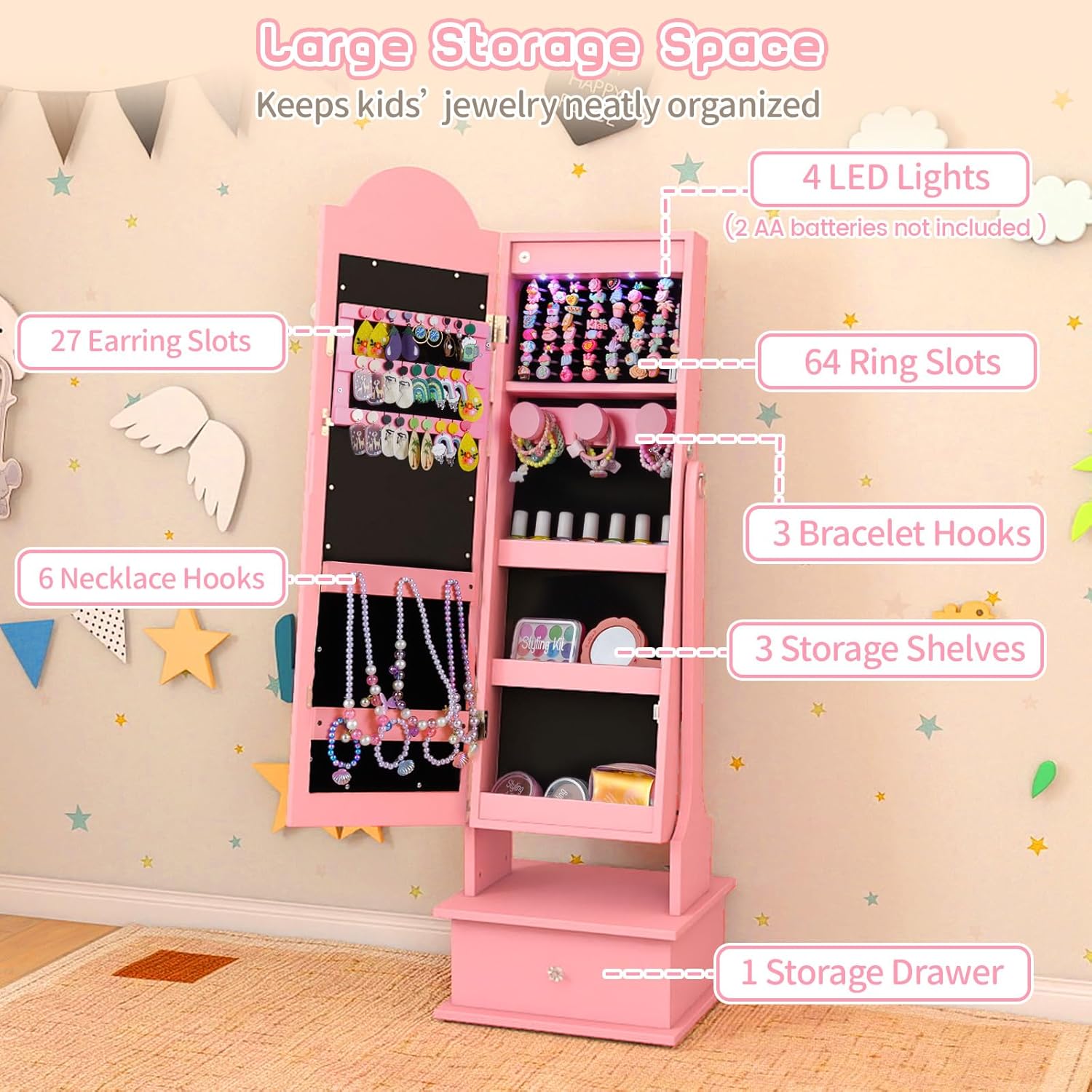 OLAKIDS Kids Jewelry Armoire Cabinet with LED Lights Unicorn Theme Children Vanity Dress Up Storage Rack for Girls
