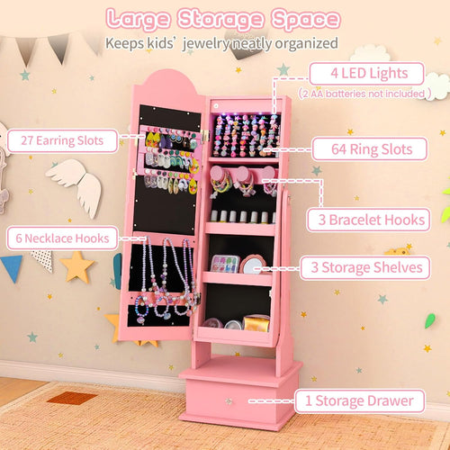 OLAKIDS Kids Jewelry Armoire Cabinet with LED Lights Unicorn Theme Children Vanity Dress Up Storage Rack for Girls