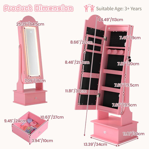 OLAKIDS Kids Jewelry Armoire Cabinet with LED Lights Unicorn Theme Children Vanity Dress Up Storage Rack for Girls