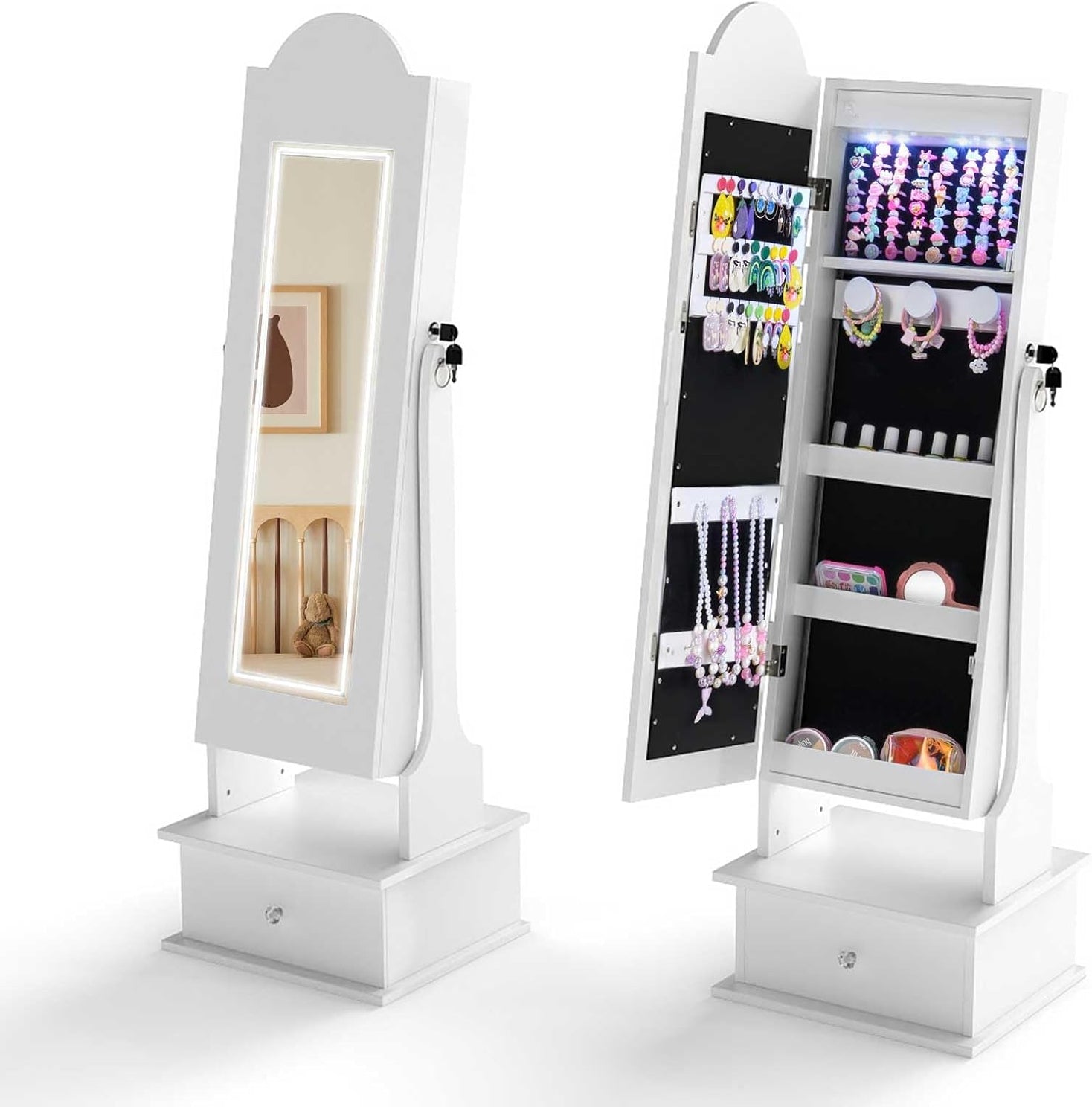 OLAKIDS Kids Jewelry Armoire Cabinet with LED Lights Unicorn Theme Children Vanity Dress Up Storage Rack for Girls