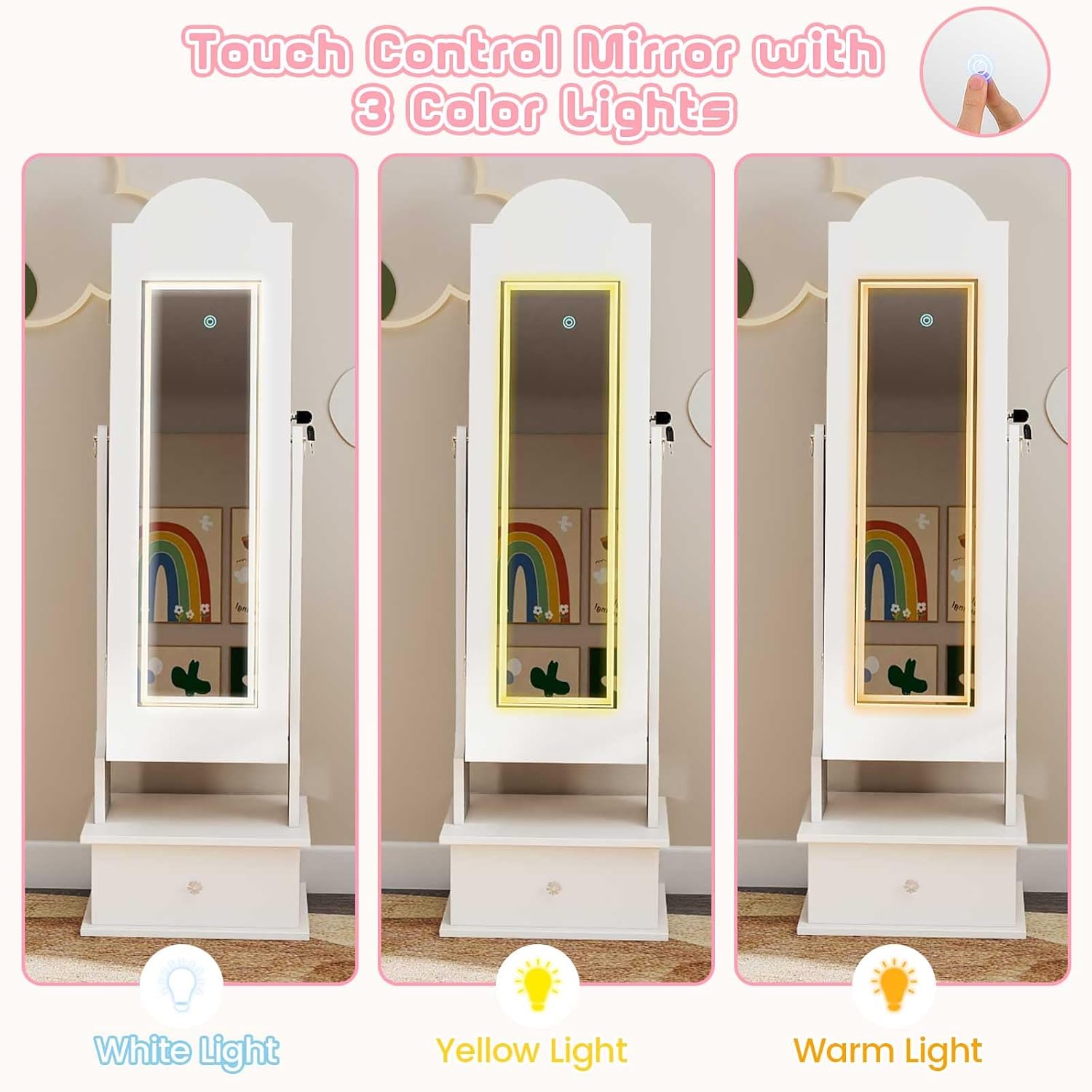 OLAKIDS Kids Jewelry Armoire Cabinet with LED Lights Unicorn Theme Children Vanity Dress Up Storage Rack for Girls
