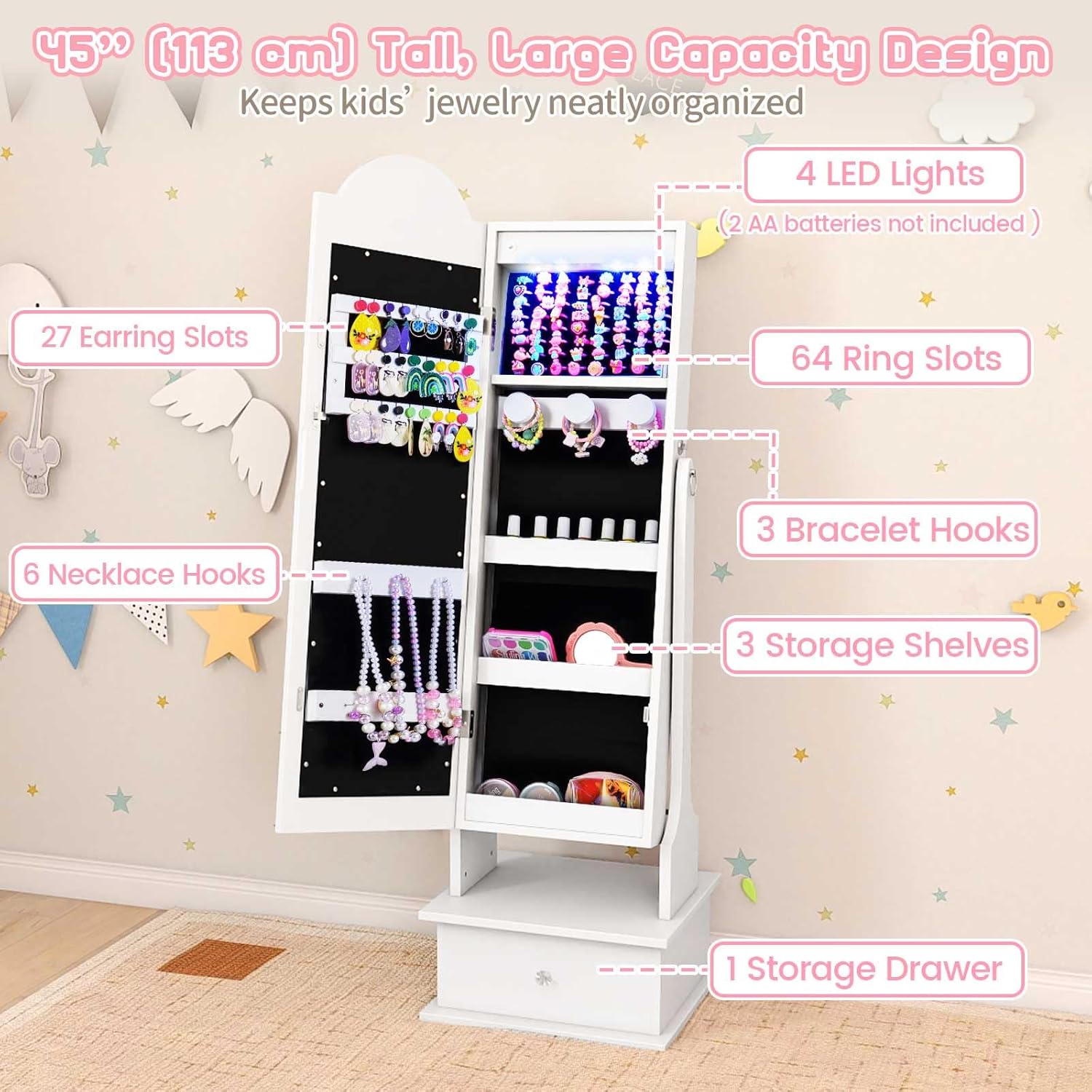 OLAKIDS Kids Jewelry Armoire Cabinet with LED Lights Unicorn Theme Children Vanity Dress Up Storage Rack for Girls