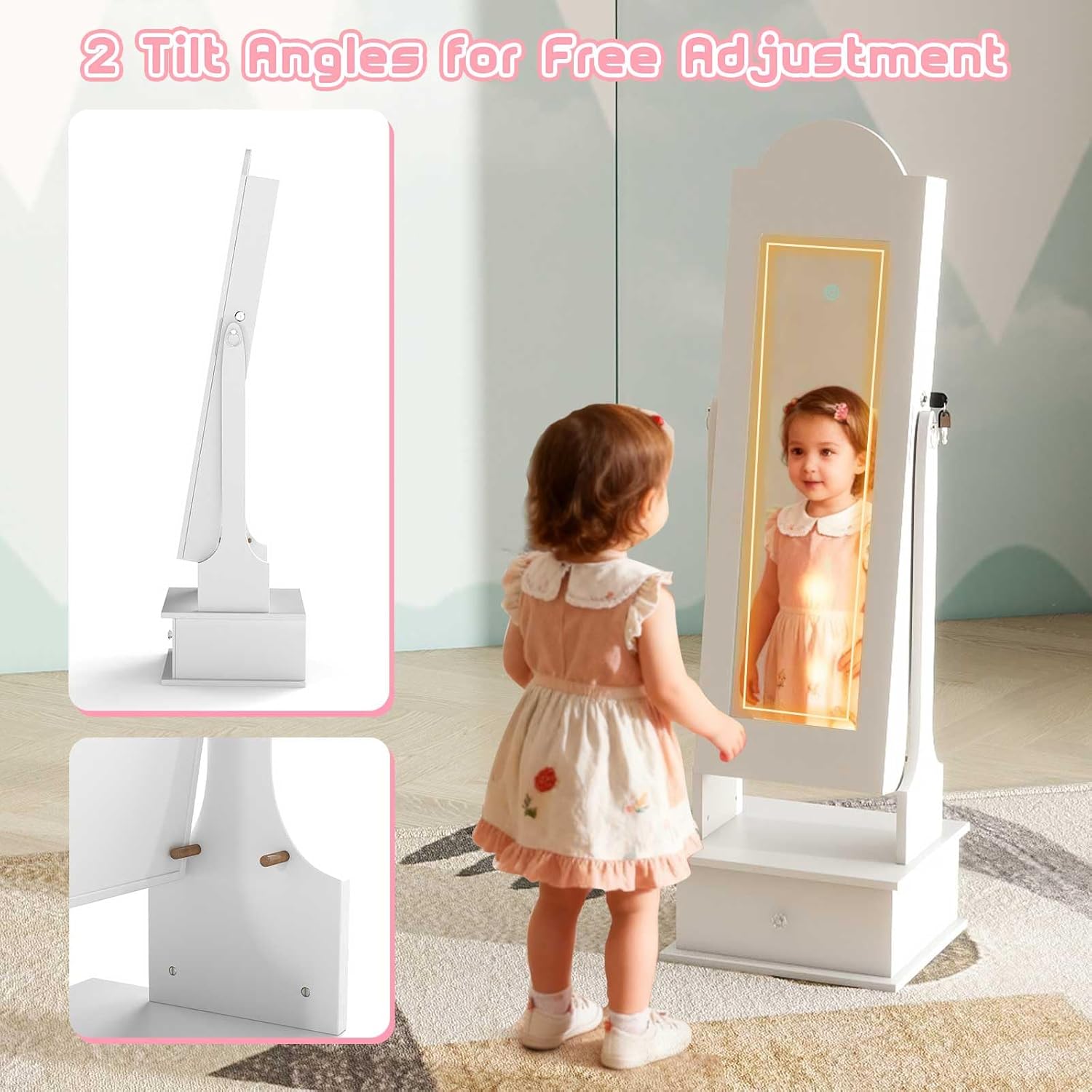 OLAKIDS Kids Jewelry Armoire Cabinet with LED Lights Unicorn Theme Children Vanity Dress Up Storage Rack for Girls