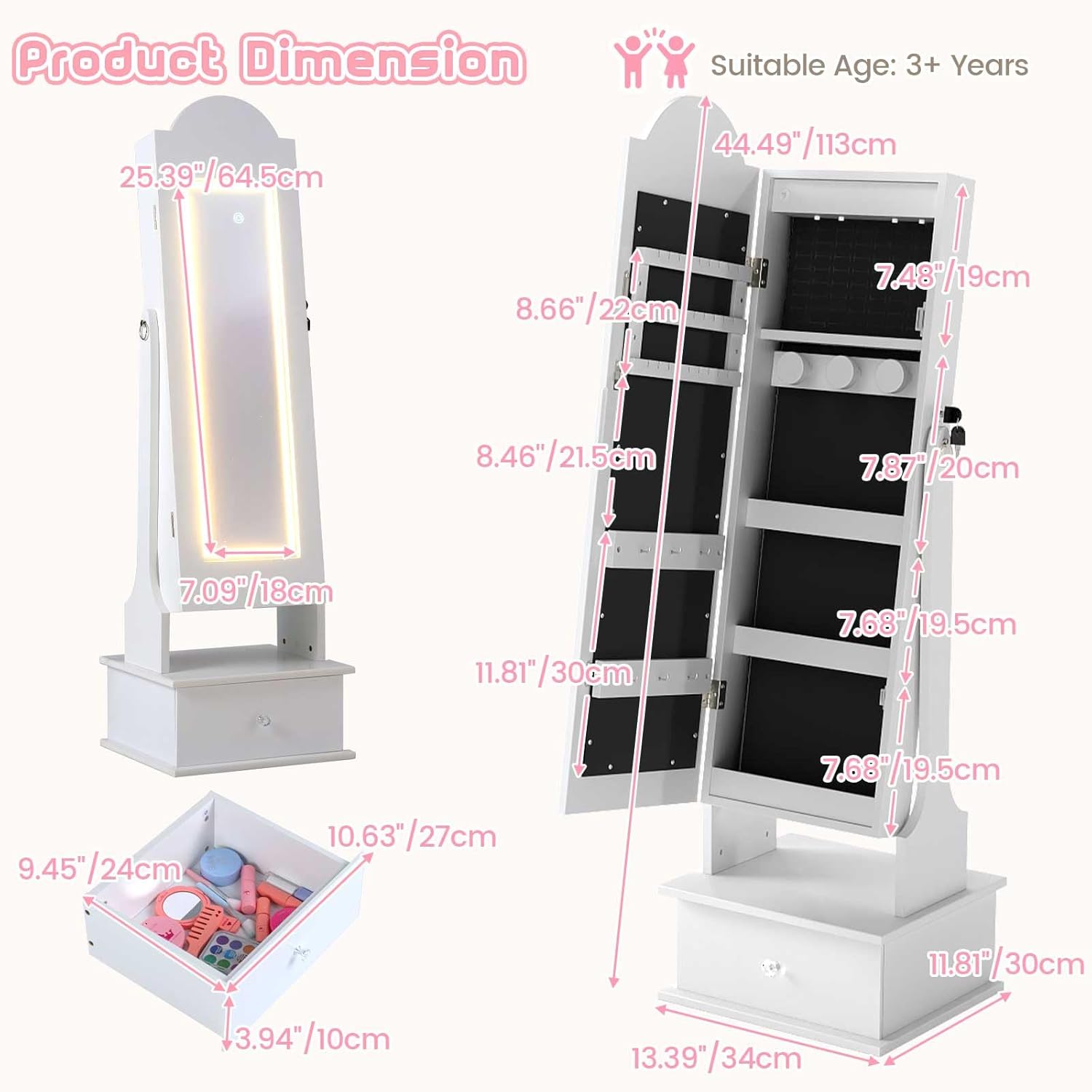 OLAKIDS Kids Jewelry Armoire Cabinet with LED Lights Unicorn Theme Children Vanity Dress Up Storage Rack for Girls