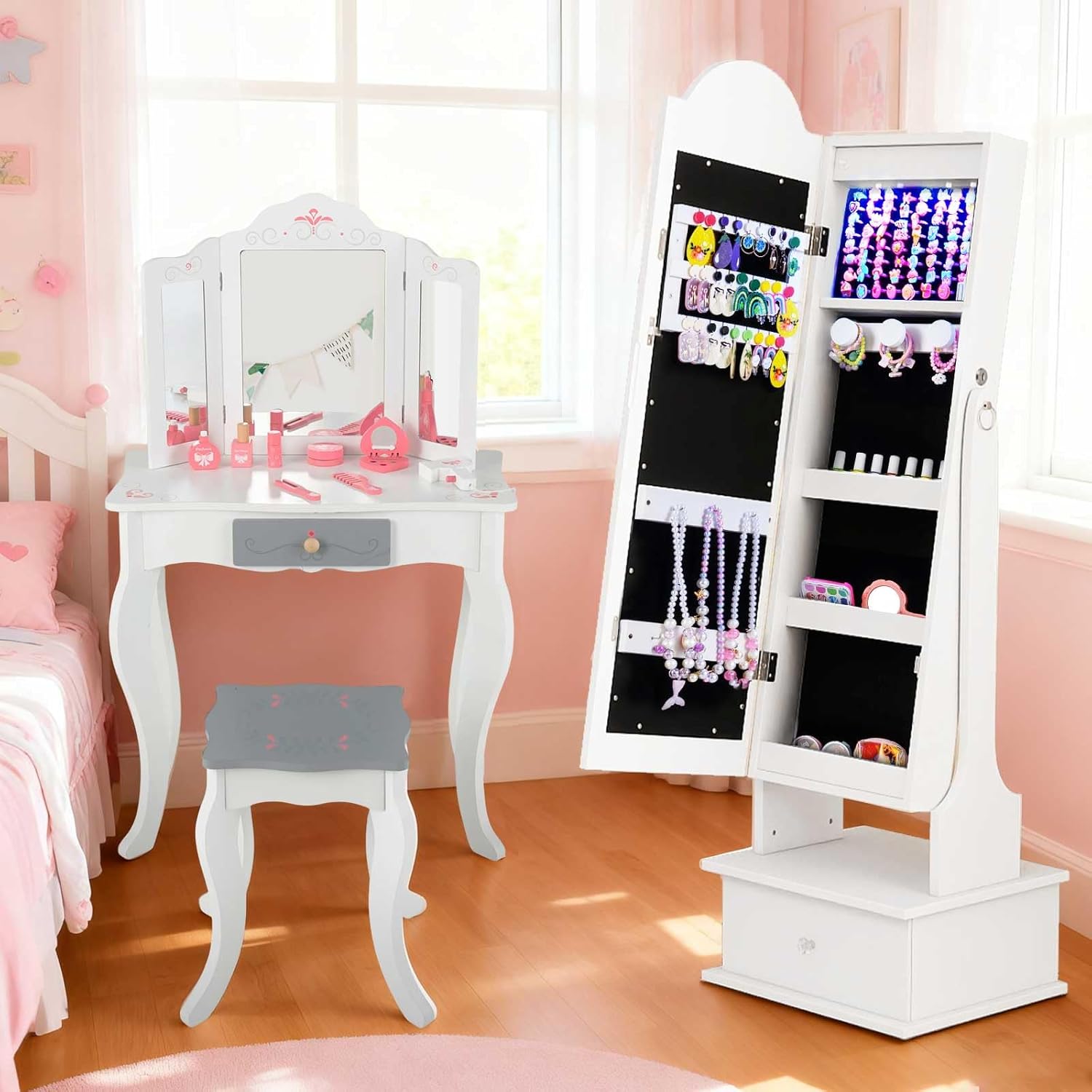 OLAKIDS Kids Jewelry Armoire Cabinet with LED Lights Unicorn Theme Children Vanity Dress Up Storage Rack for Girls