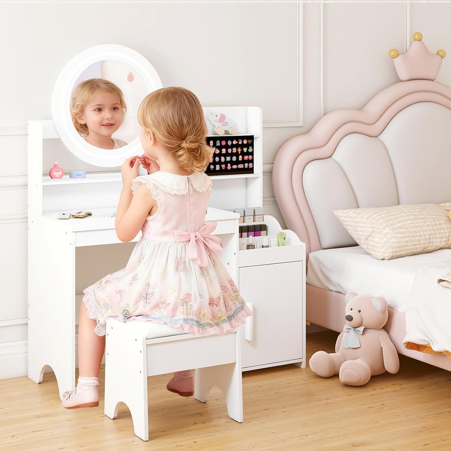 OLAKIDS Kids Vanity with Lights & Mirror, Princess Makeup Desk and Chair Set for Girls 4–9