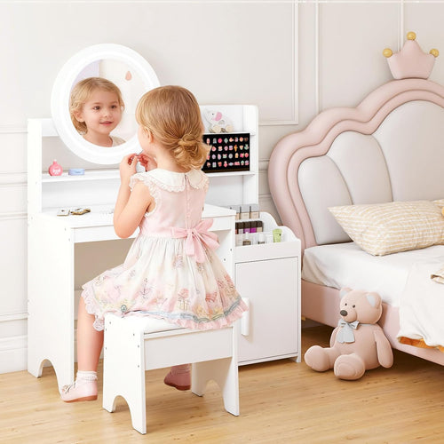 OLAKIDS Kids Vanity with Lights & Mirror, Princess Makeup Desk and Chair Set for Girls 4–9