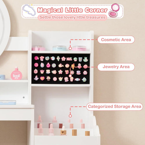 OLAKIDS Kids Vanity with Lights & Mirror, Princess Makeup Desk and Chair Set for Girls 4–9