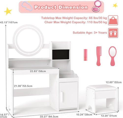 OLAKIDS Kids Vanity with Lights & Mirror, Princess Makeup Desk and Chair Set for Girls 4–9