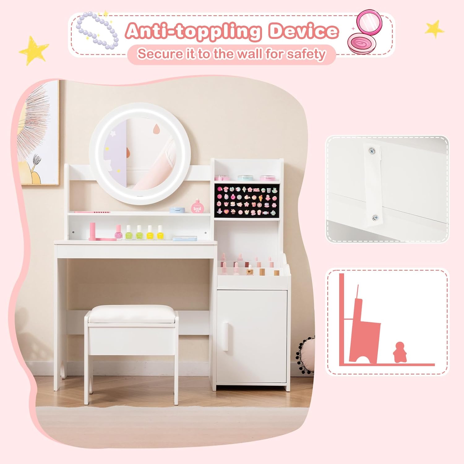 OLAKIDS Kids Vanity with Lights & Mirror, Princess Makeup Desk and Chair Set for Girls 4–9
