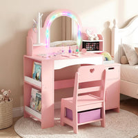 OLAKIDS Kids Vanity with Lights & Mirror, Jewelry Hanger, Drawers, Table & Chair Set for Girls