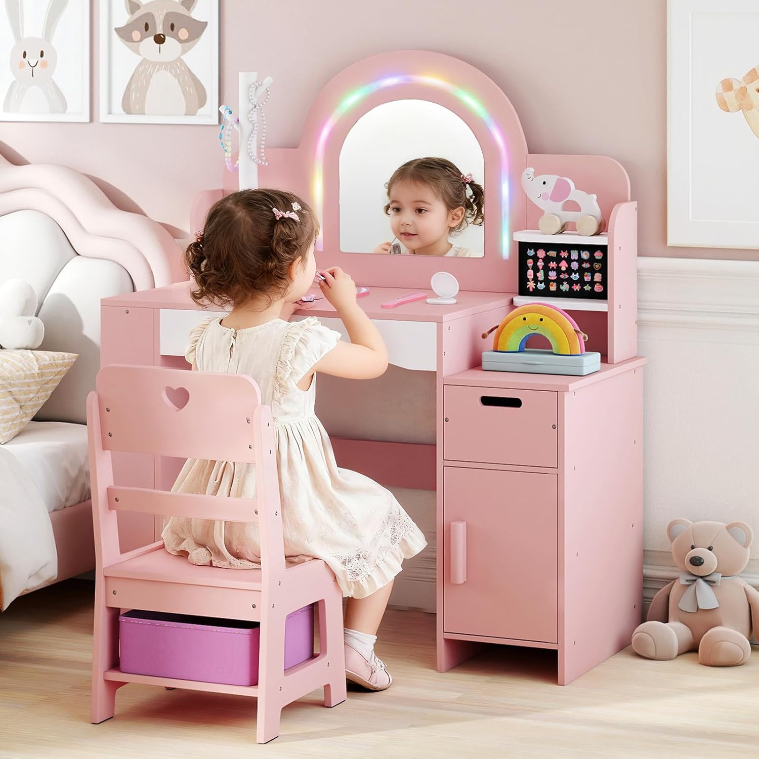 OLAKIDS Kids Vanity with Lights & Mirror, Jewelry Hanger, Drawers, Table & Chair Set for Girls