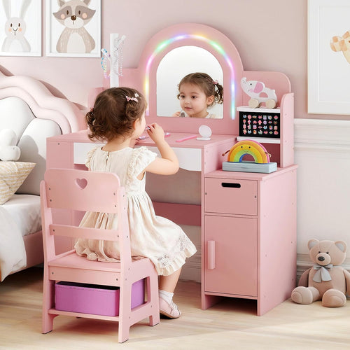 OLAKIDS Kids Vanity with Lights & Mirror, Jewelry Hanger, Drawers, Table & Chair Set for Girls