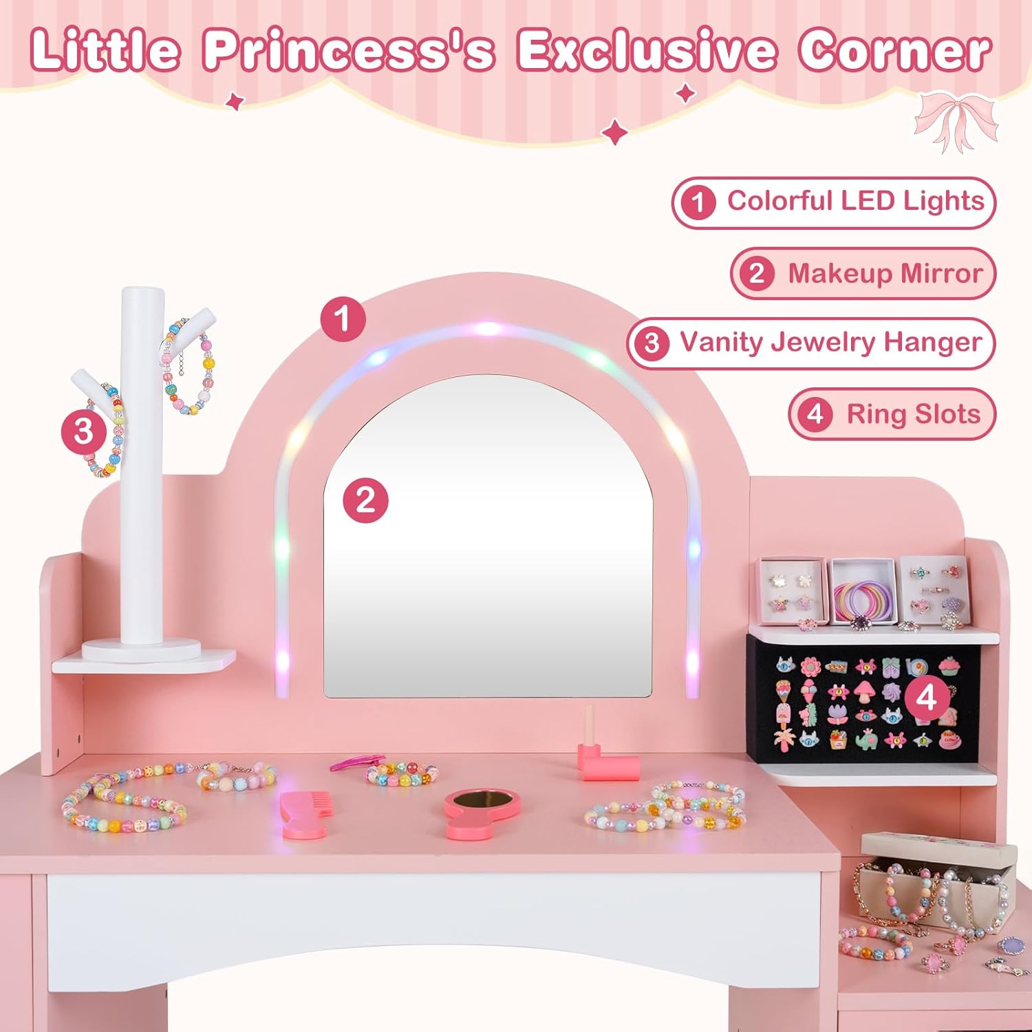 OLAKIDS Kids Vanity with Lights & Mirror, Jewelry Hanger, Drawers, Table & Chair Set for Girls