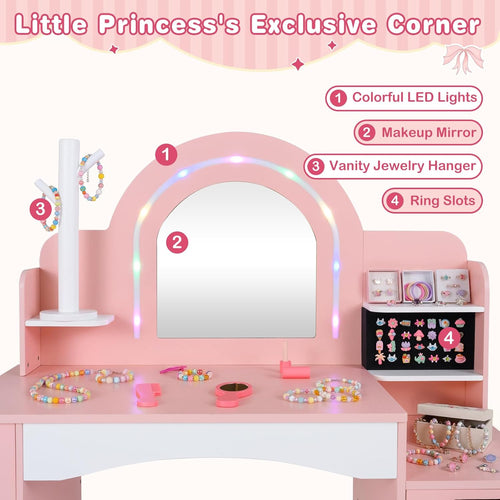 OLAKIDS Kids Vanity with Lights & Mirror, Jewelry Hanger, Drawers, Table & Chair Set for Girls