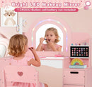 OLAKIDS Kids Vanity with Lights & Mirror, Jewelry Hanger, Drawers, Table & Chair Set for Girls