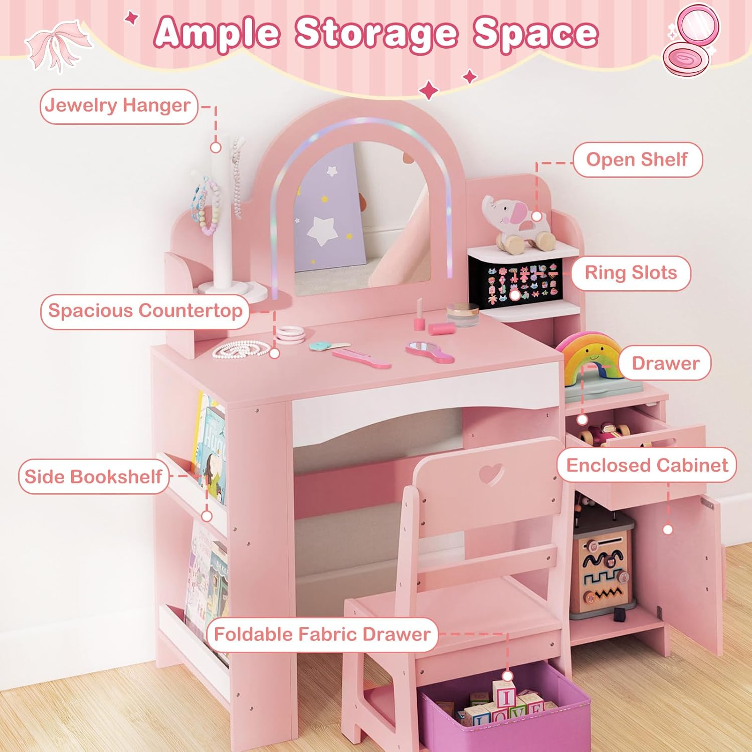 OLAKIDS Kids Vanity with Lights & Mirror, Jewelry Hanger, Drawers, Table & Chair Set for Girls