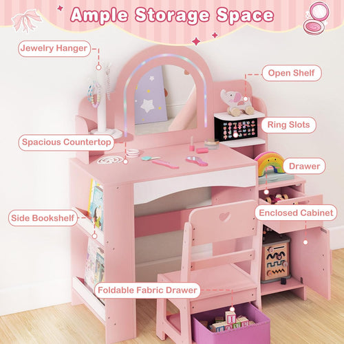 OLAKIDS Kids Vanity with Lights & Mirror, Jewelry Hanger, Drawers, Table & Chair Set for Girls
