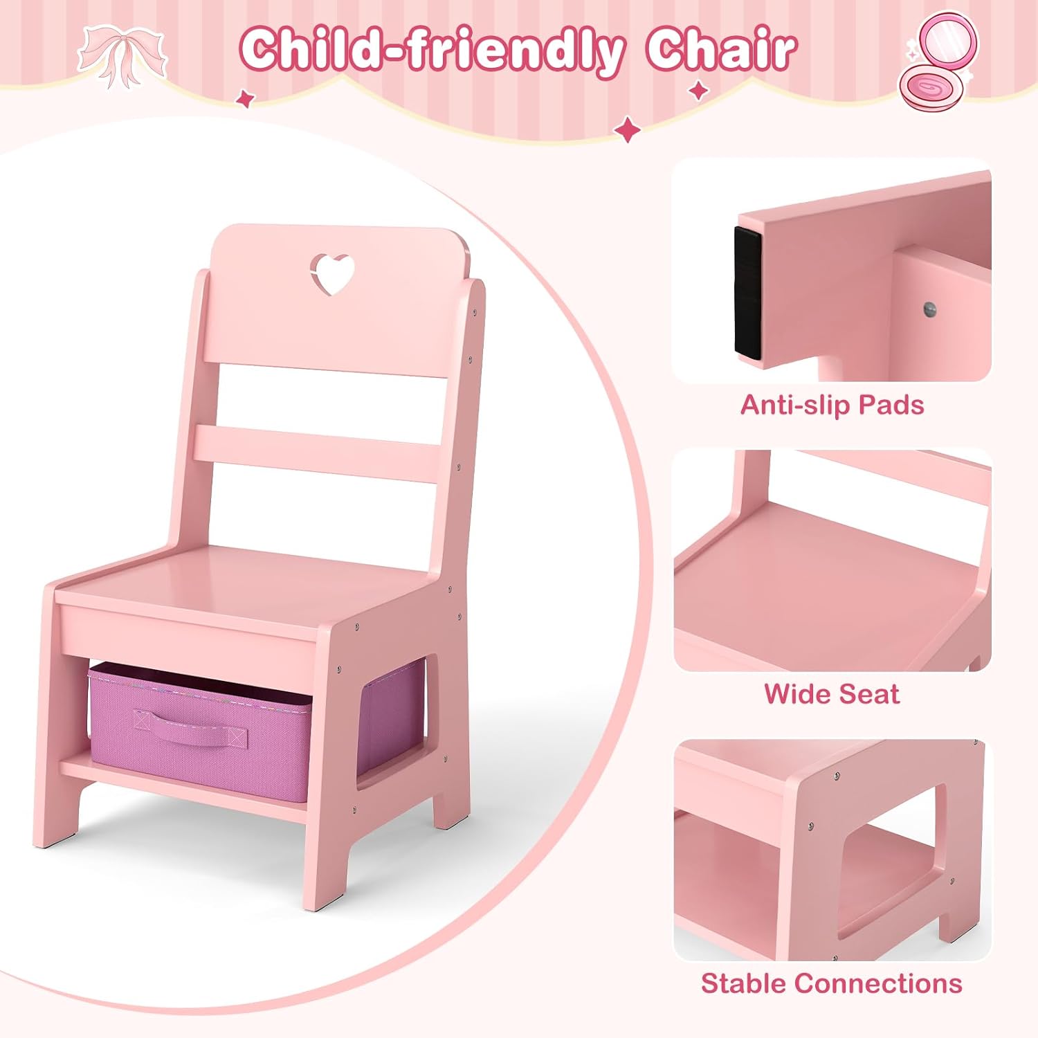 OLAKIDS Kids Vanity with Lights & Mirror, Jewelry Hanger, Drawers, Table & Chair Set for Girls