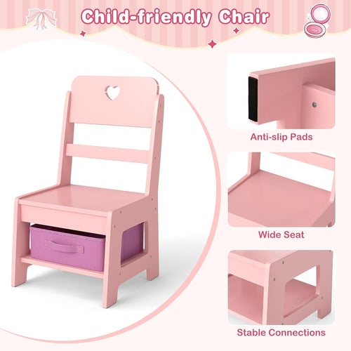OLAKIDS Kids Vanity with Lights & Mirror, Jewelry Hanger, Drawers, Table & Chair Set for Girls