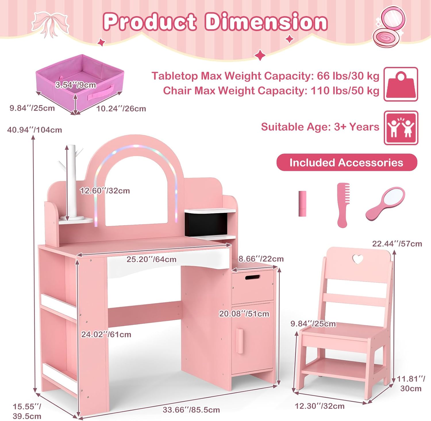OLAKIDS Kids Vanity with Lights & Mirror, Jewelry Hanger, Drawers, Table & Chair Set for Girls