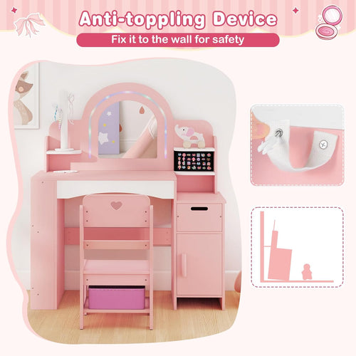 OLAKIDS Kids Vanity with Lights & Mirror, Jewelry Hanger, Drawers, Table & Chair Set for Girls