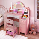 OLAKIDS Kids Vanity with Lights & Mirror, Jewelry Hanger, Drawers, Table & Chair Set for Girls