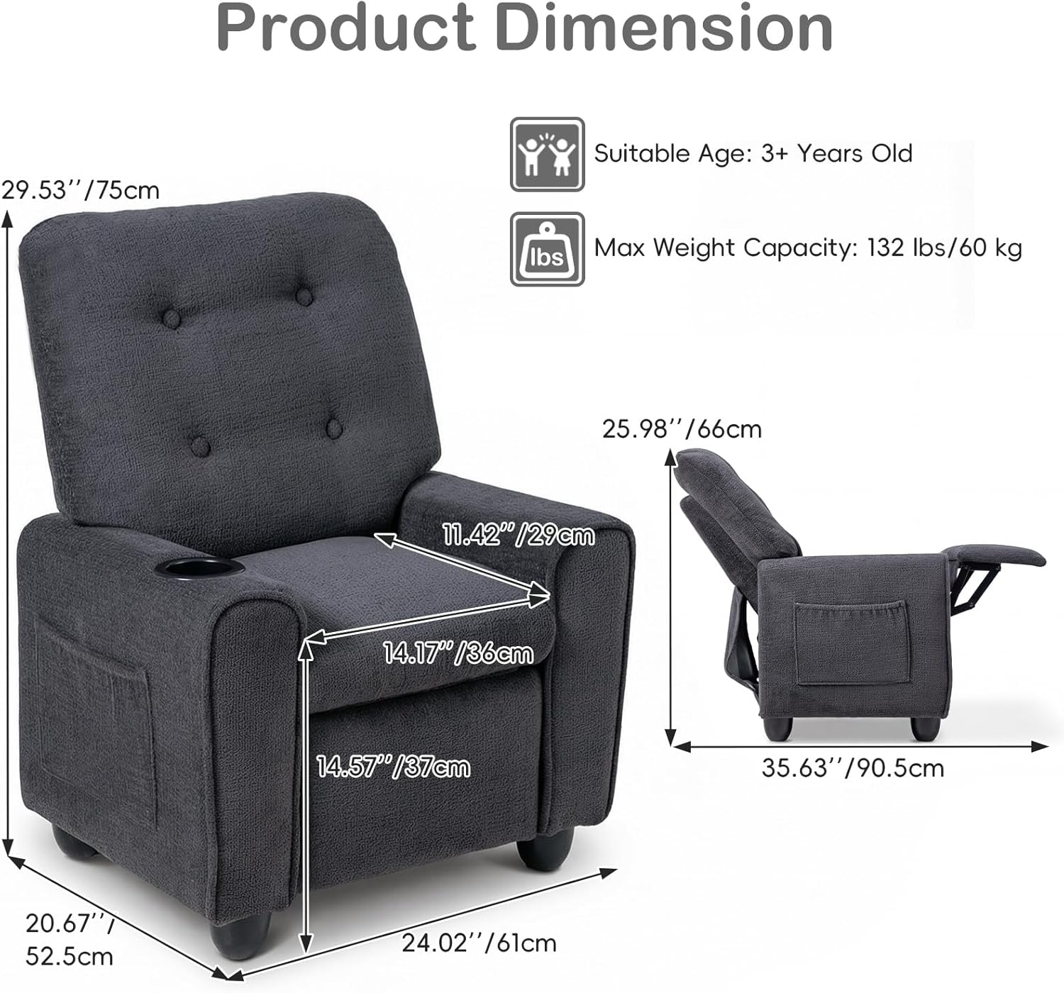 OLAKIDS Kids Recliner, Toddler Lounge Chair with Adjustable Backrest Footrest Cup Holder Side Pockets