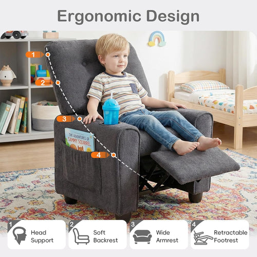 OLAKIDS Kids Recliner, Toddler Lounge Chair with Adjustable Backrest Footrest Cup Holder Side Pockets