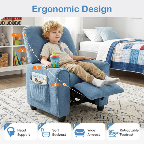 OLAKIDS Kids Recliner, Toddler Lounge Chair with Adjustable Backrest Footrest Cup Holder Side Pockets