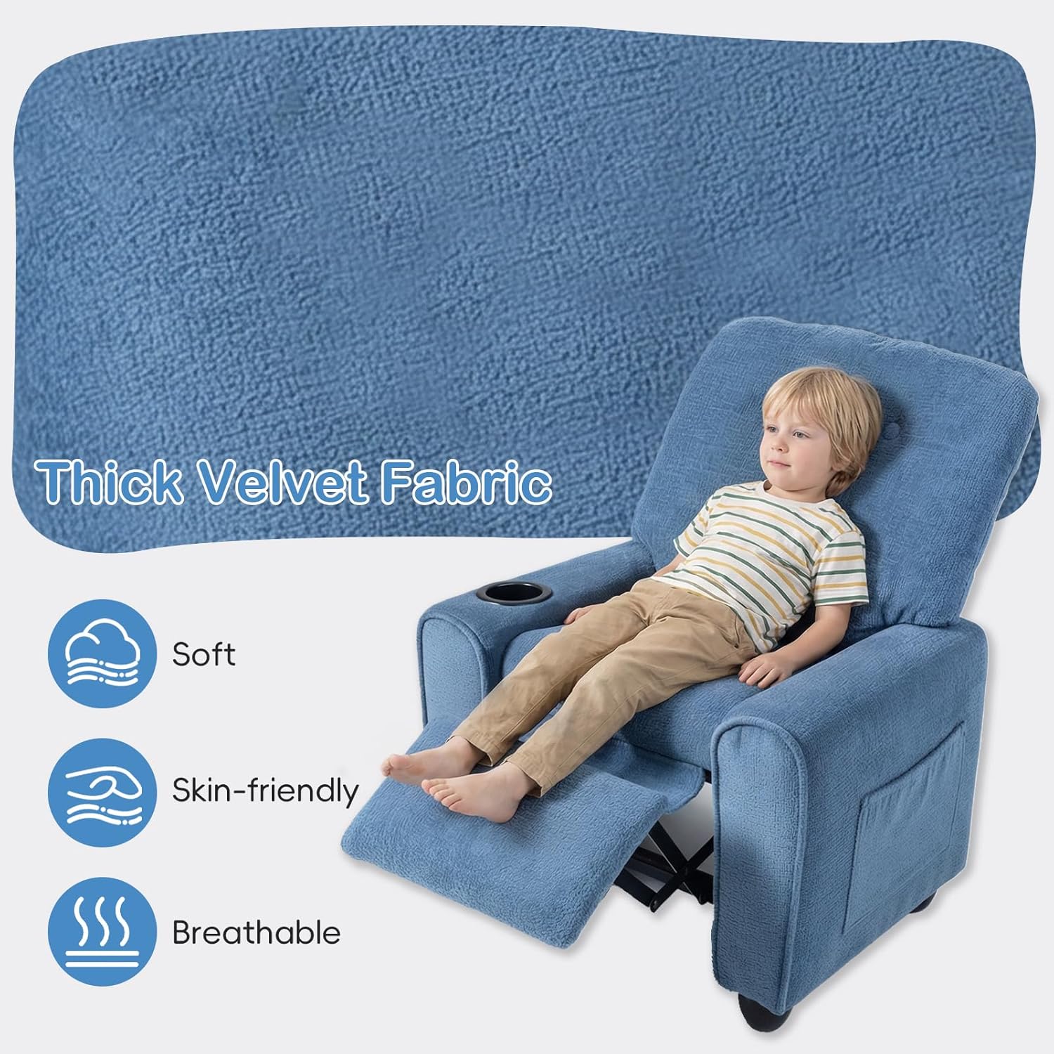 OLAKIDS Kids Recliner, Toddler Lounge Chair with Adjustable Backrest Footrest Cup Holder Side Pockets