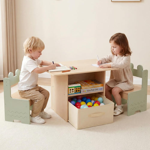 Olakids 4-in-1 Wooden Kids Table & Chair Set, Activity Desk with Foldable Storage, for Art, Drawing, Dining
