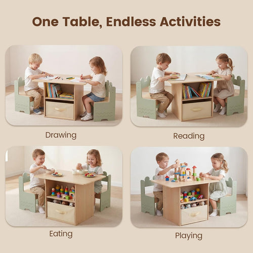 Olakids 4-in-1 Wooden Kids Table & Chair Set, Activity Desk with Foldable Storage, for Art, Drawing, Dining