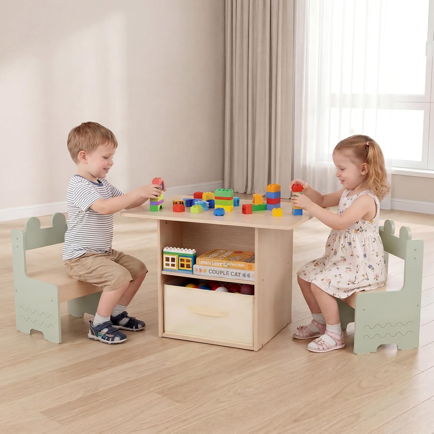 Olakids 4-in-1 Wooden Kids Table & Chair Set, Activity Desk with Foldable Storage, for Art, Drawing, Dining