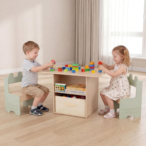 Olakids 4-in-1 Wooden Kids Table & Chair Set, Activity Desk with Foldable Storage, for Art, Drawing, Dining