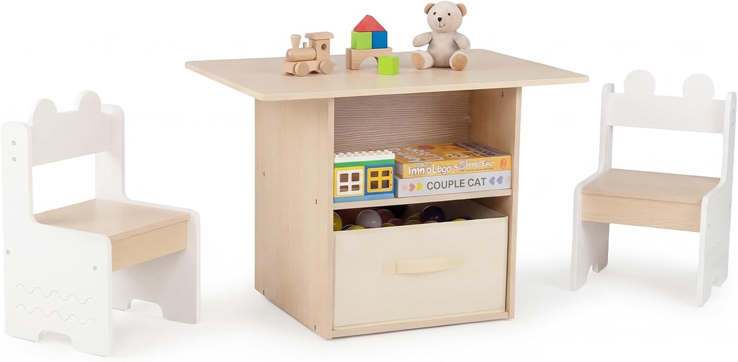 Olakids 4-in-1 Wooden Kids Table & Chair Set, Activity Desk with Foldable Storage, for Art, Drawing, Dining