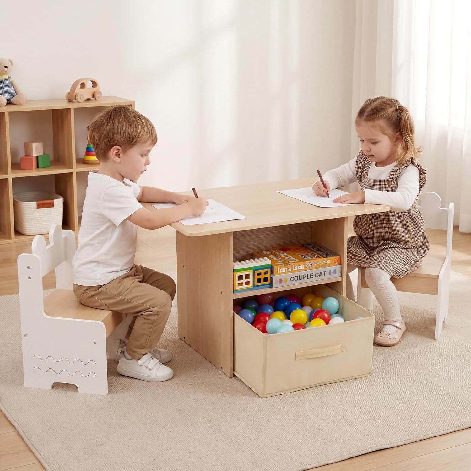 Olakids 4-in-1 Wooden Kids Table & Chair Set, Activity Desk with Foldable Storage, for Art, Drawing, Dining