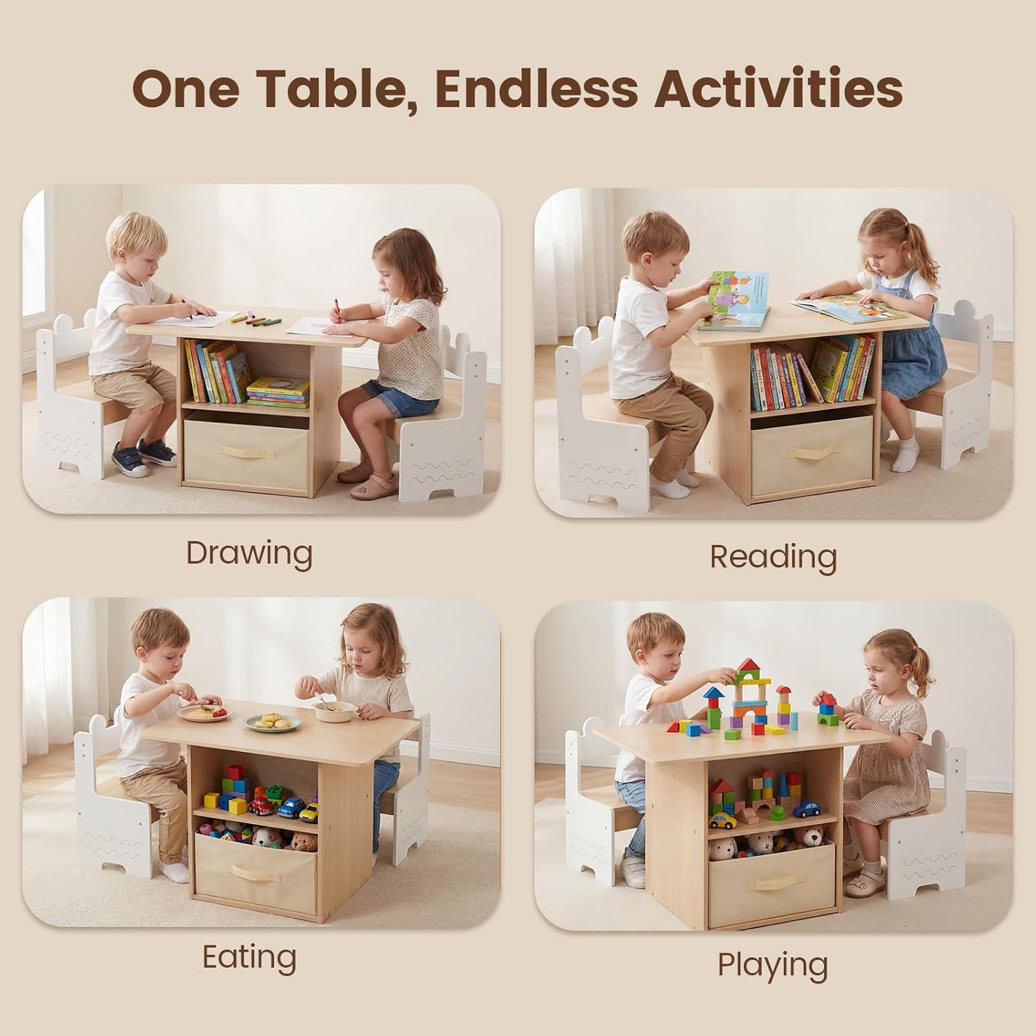 Olakids 4-in-1 Wooden Kids Table & Chair Set, Activity Desk with Foldable Storage, for Art, Drawing, Dining
